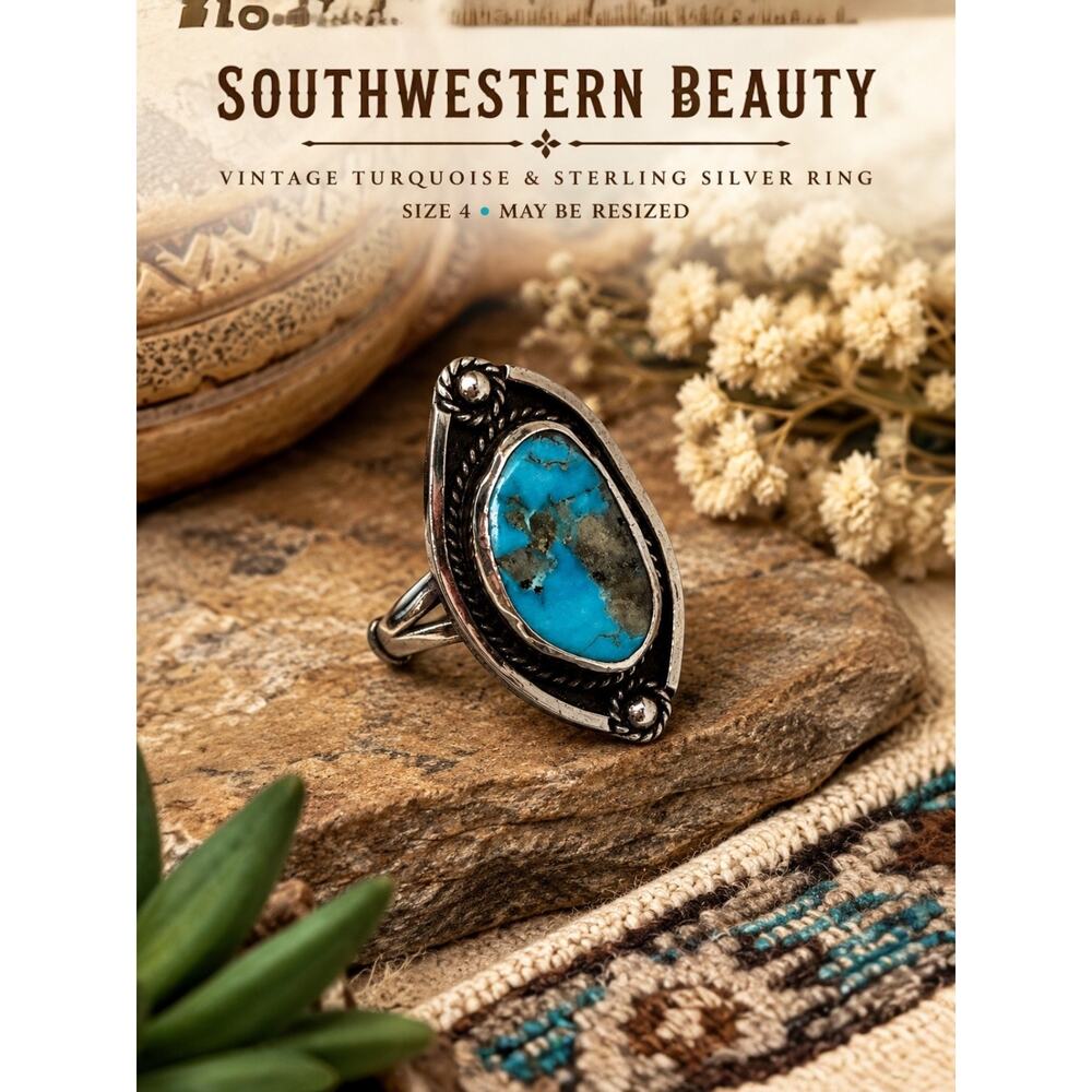 Vintage Turquoise Sterling Silver Ring Southwestern Navajo Style Size 4